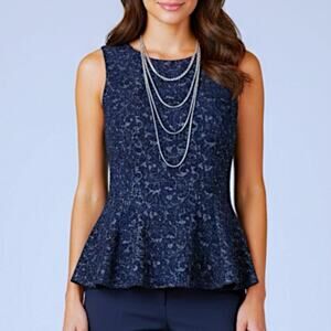 anthropologie Navy Silver Brocade Design Sleeveless Peplum S Top Eva Franco